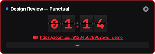 Countdown box in red, counting up past the start time